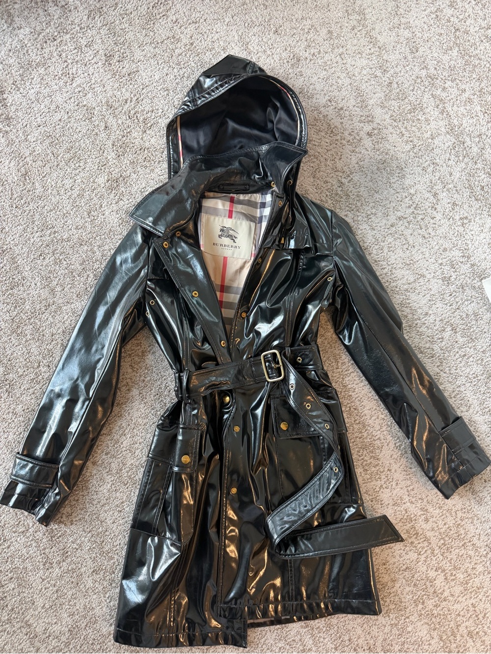 Burberry Black Patent Hooded Trench Coat